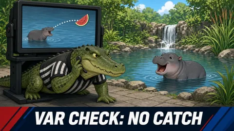 Ploy meme: VAR check: no catch (cartoon of Ploy, a slate-grey hippo)