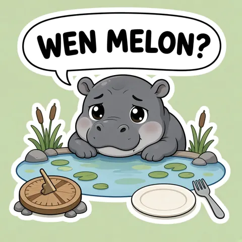 Ploy meme: Wen melon? (cartoon of Ploy, a slate-grey hippo)