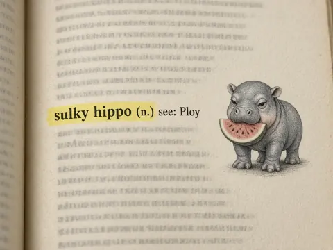 Ploy meme: Dictionary: sulky hippo (cartoon of Ploy, a slate-grey hippo)